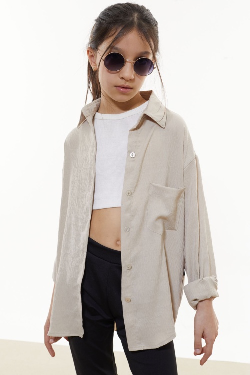 Bej Kalp Baskılı Yırtmaç Detaylı Kız Çocuk Düğmeli Gömlek 18430