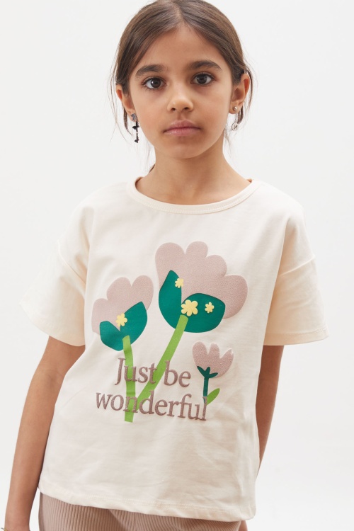 Bej Lale Baskılı İspanyol Paça Fitilli Taytlı Kız Çocuk Takım 17994