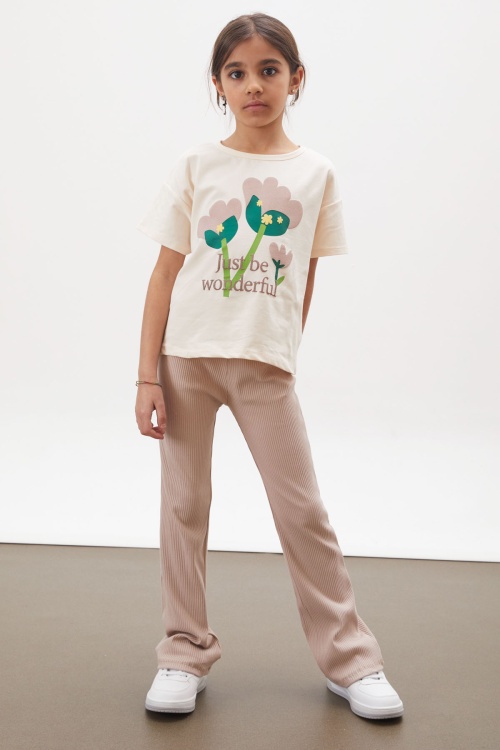 Bej Lale Baskılı İspanyol Paça Fitilli Taytlı Kız Çocuk Takım 17994