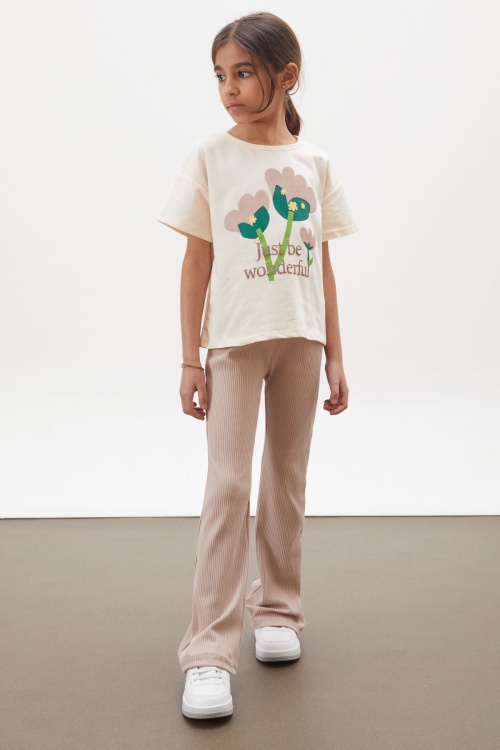 Bej Lale Baskılı İspanyol Paça Fitilli Taytlı Kız Çocuk Takım 17994