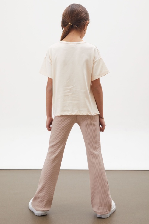 Bej Lale Baskılı İspanyol Paça Fitilli Taytlı Kız Çocuk Takım 17994