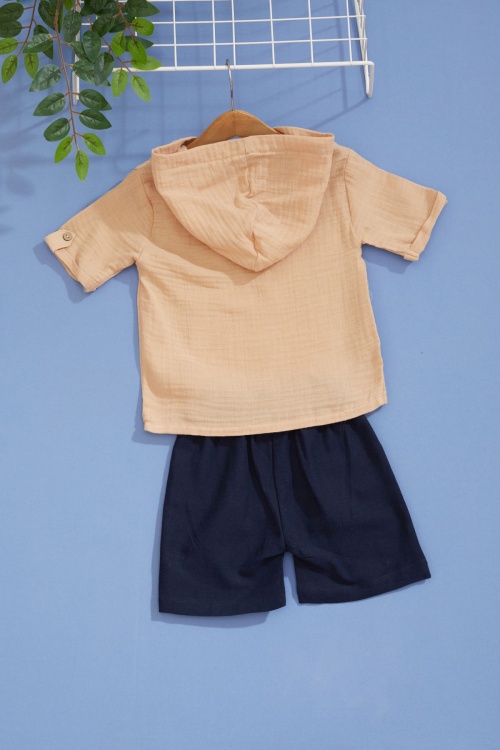 Bej Palmiye Baskılı Kanguru Cepli Erkek Bebek Şortlu Takım 18517