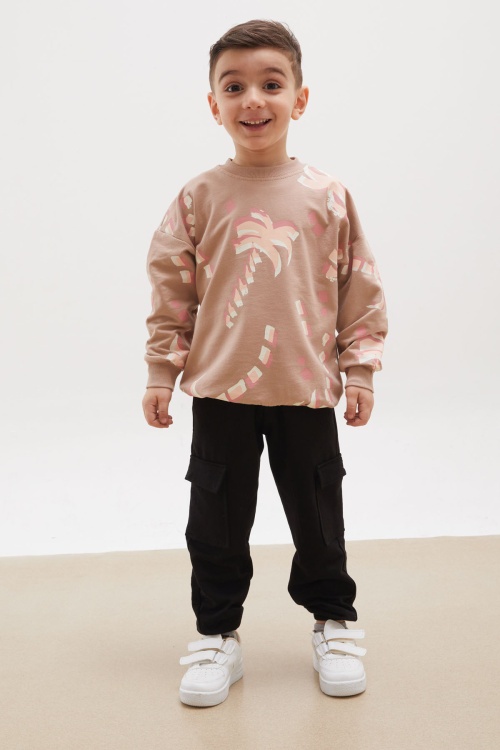 Bej Palmiye Baskılı Kargo Cepli Erkek Çocuk Eşofman Takımı 18168