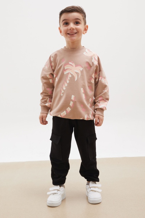 Bej Palmiye Baskılı Kargo Cepli Erkek Çocuk Eşofman Takımı 18168