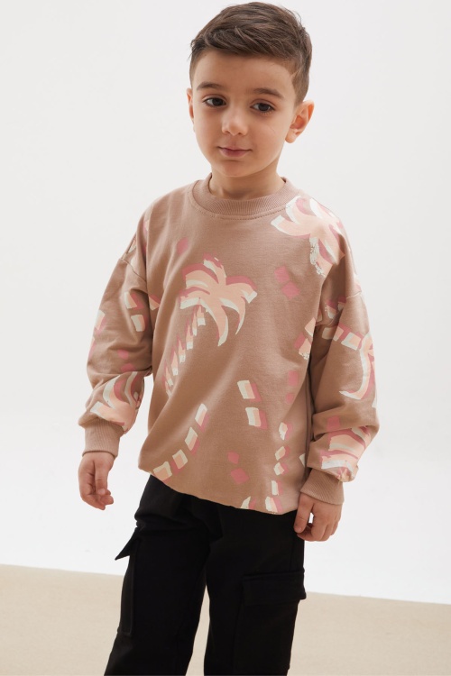 Bej Palmiye Baskılı Kargo Cepli Erkek Çocuk Eşofman Takımı 18168