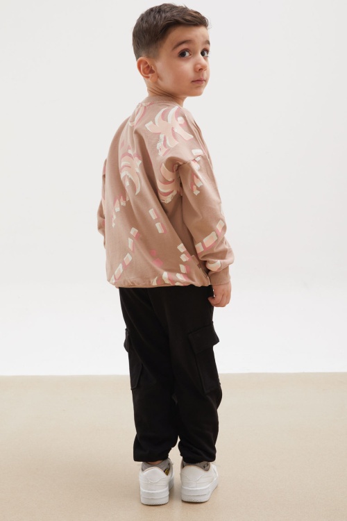 Bej Palmiye Baskılı Kargo Cepli Erkek Çocuk Eşofman Takımı 18168