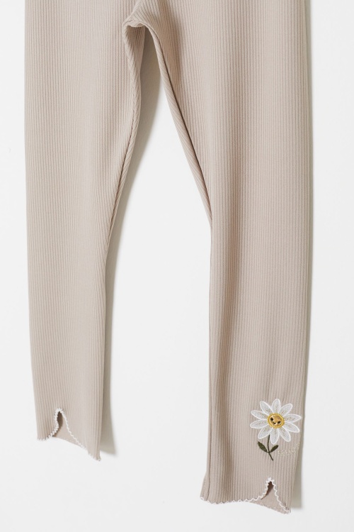 Bej Papatya Nakışlı Fitilli Kız Çocuk Yırtmaçlı Tayt 18144