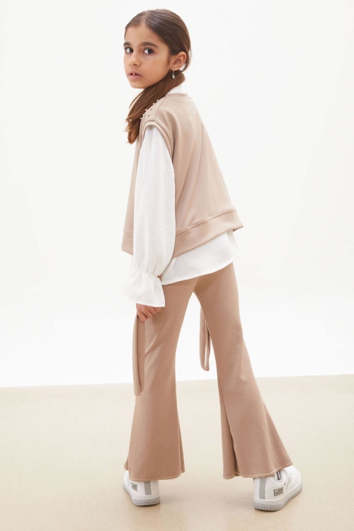 Bej Süveterli Gömlekli Boncuk Detaylı Yırtmaçlı Taytlı Kız Çocuk Takım 18177