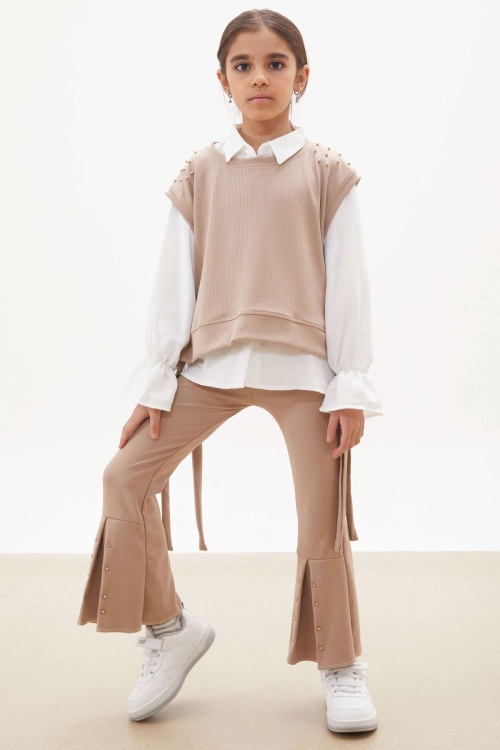 Bej Süveterli Gömlekli Boncuk Detaylı Yırtmaçlı Taytlı Kız Çocuk Takım 18177