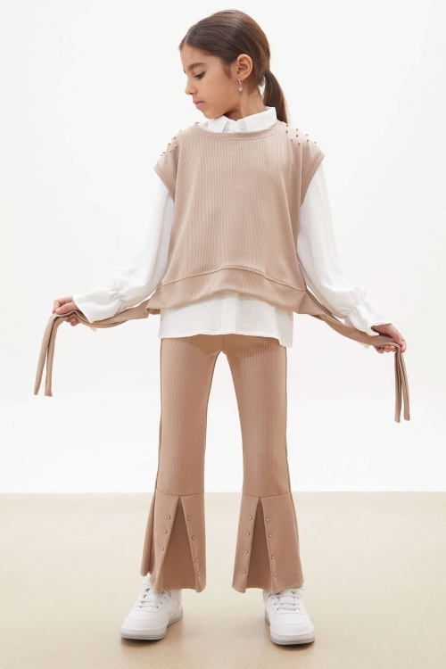 Bej Süveterli Gömlekli Boncuk Detaylı Yırtmaçlı Taytlı Kız Çocuk Takım 18177