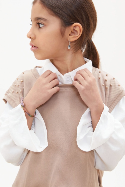 Bej Süveterli Gömlekli Boncuk Detaylı Yırtmaçlı Taytlı Kız Çocuk Takım 18177