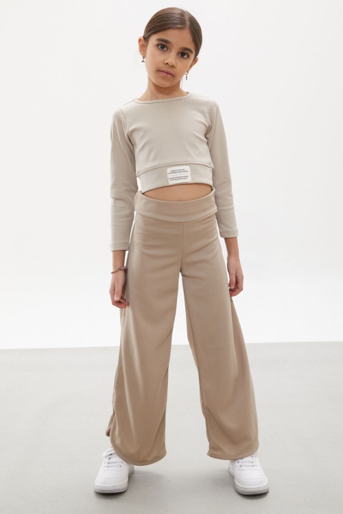 Bej Yırtmaçlı Paça Kuşaklı Viskon Kumaş Kız Pantolon 18100