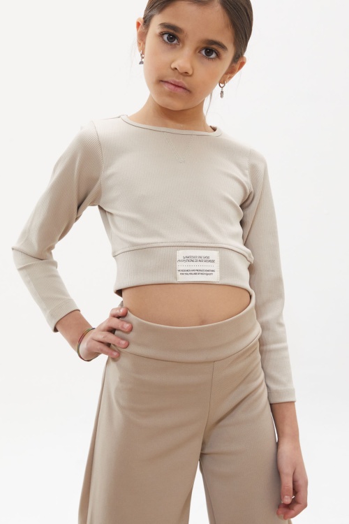 Bej Yırtmaçlı Paça Kuşaklı Viskon Kumaş Kız Pantolon 18100