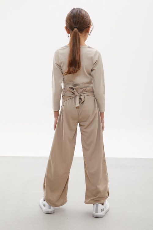 Bej Yırtmaçlı Paça Kuşaklı Viskon Kumaş Kız Pantolon 18100