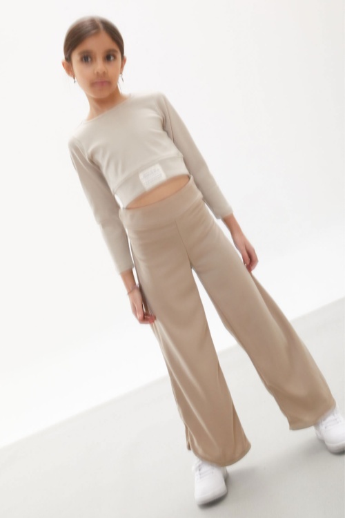 Bej Yırtmaçlı Paça Kuşaklı Viskon Kumaş Kız Pantolon 18100