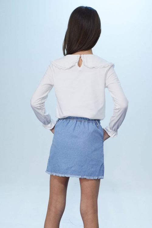 Beyaz Çiçek Nakışlı Bluzlu Kot Etekli Kız Çocuk Takım 18447