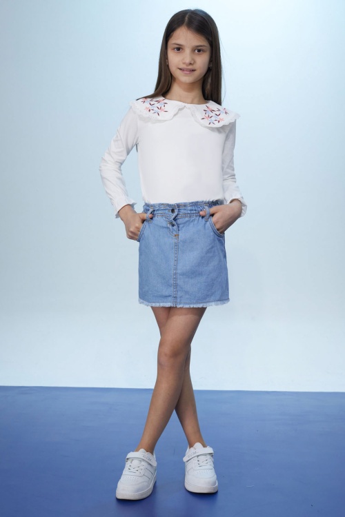 Beyaz Çiçek Nakışlı Bluzlu Kot Etekli Kız Çocuk Takım 18447