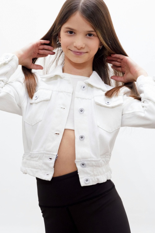 Beyaz Düğmeli Beli Büzgülü Kız Çocuk Jean Ceket 18315