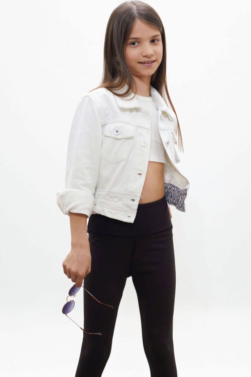 Beyaz Düğmeli Beli Büzgülü Kız Çocuk Jean Ceket 18315
