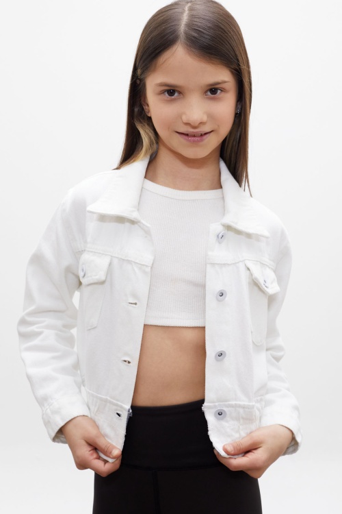 Beyaz Düğmeli Beli Büzgülü Kız Çocuk Jean Ceket 18315