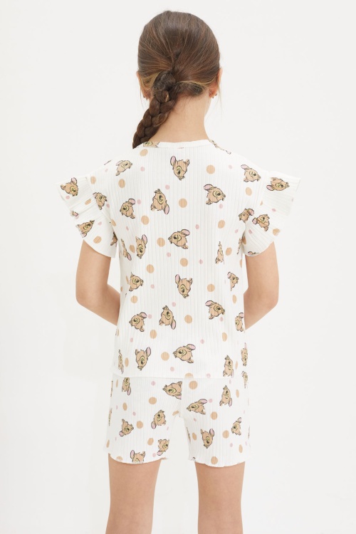 Beyaz Geyik Baskılı Fırfırlı Kız Çocuk Şortlu Takım 18653