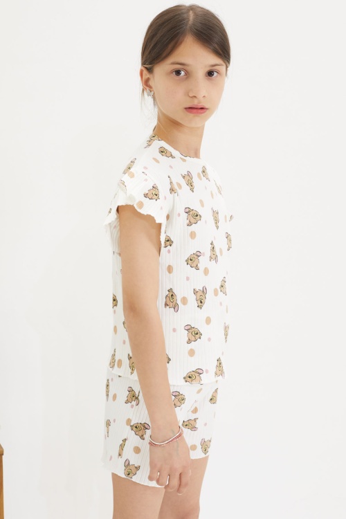 Beyaz Geyik Baskılı Fırfırlı Kız Çocuk Şortlu Takım 18653