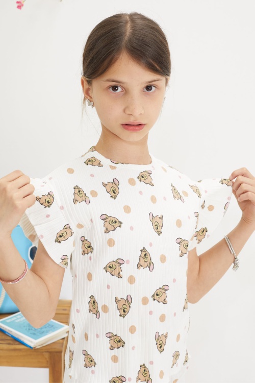 Beyaz Geyik Baskılı Fırfırlı Kız Çocuk Şortlu Takım 18653