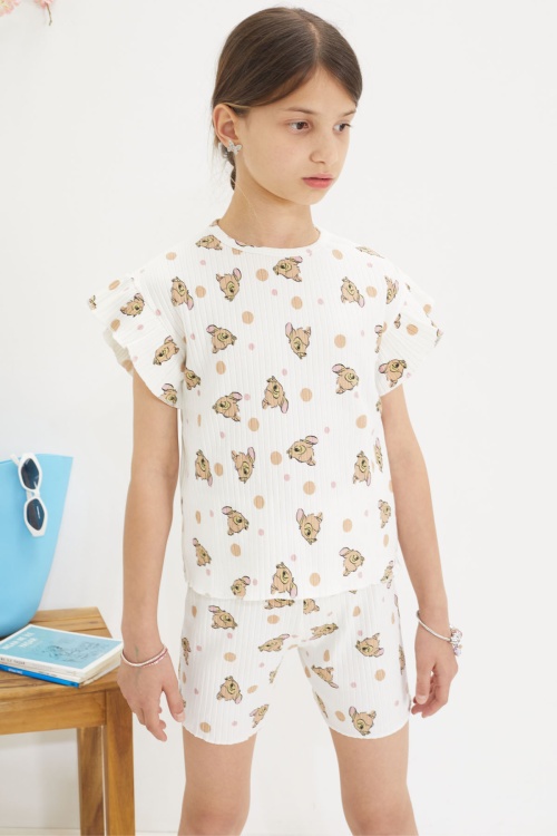 Beyaz Geyik Baskılı Fırfırlı Kız Çocuk Şortlu Takım 18653