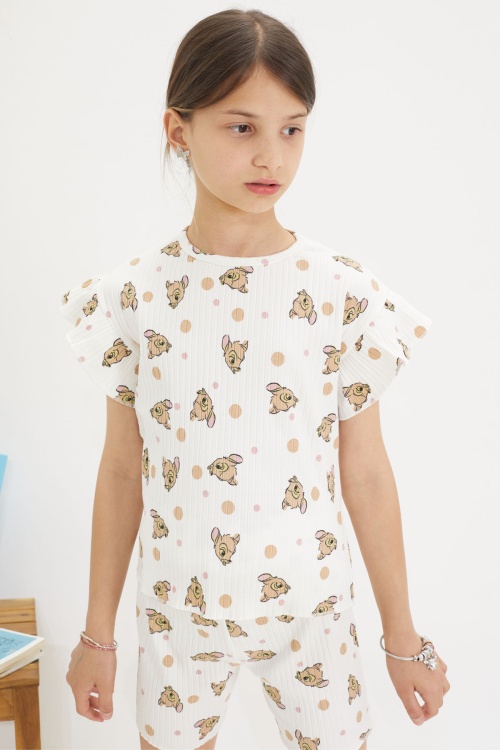 Beyaz Geyik Baskılı Fırfırlı Kız Çocuk Şortlu Takım 18653