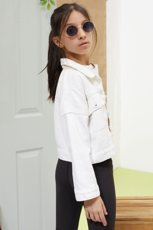 Beyaz Göğüs Cepli Düğmeli Kız Çocuk Jean Ceket 18624