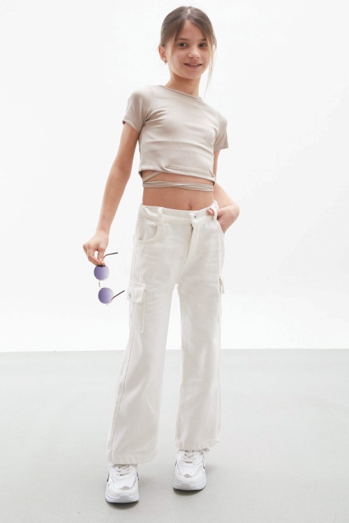 Beyaz Kargo Cepli Geniş Paça Kız Çocuk Jean Pantolon 18114