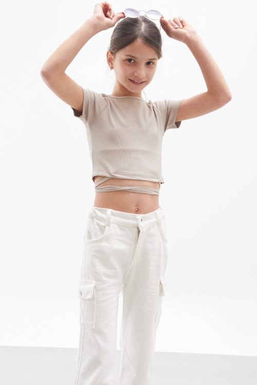 Beyaz Kargo Cepli Geniş Paça Kız Çocuk Jean Pantolon 18114