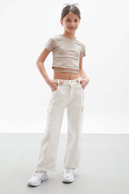 Beyaz Kargo Cepli Geniş Paça Kız Çocuk Jean Pantolon 18114