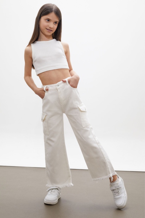 Beyaz Kargo Cepli Püsküllü Geniş Paça Kız Jean Pantolon 13-17 Yaş 18250