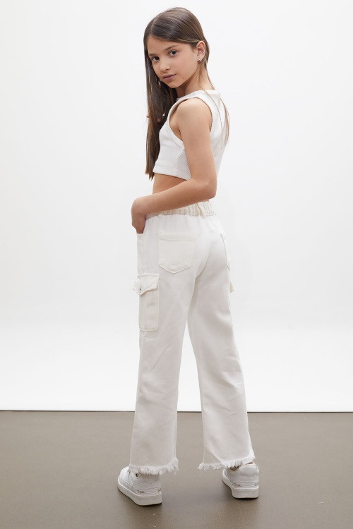 Beyaz Kargo Cepli Püsküllü Geniş Paça Kız Jean Pantolon 13-17 Yaş 18250