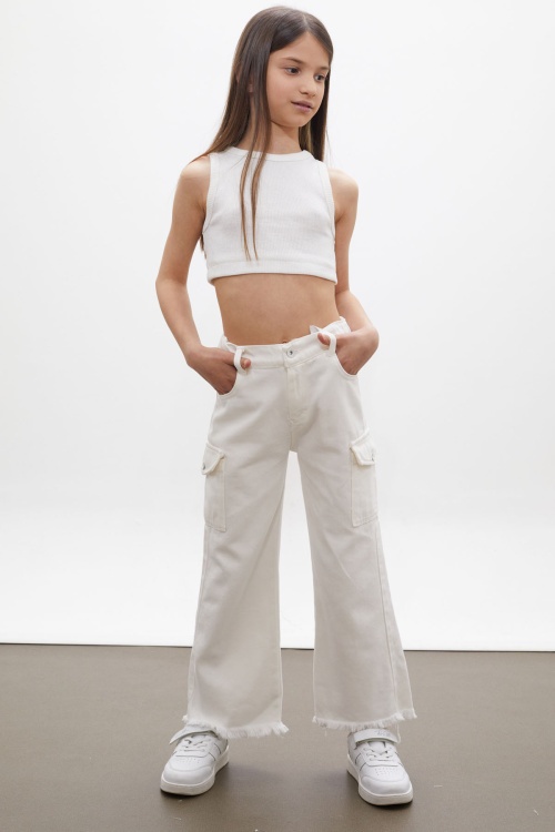 Beyaz Kargo Cepli Püsküllü Geniş Paça Kız Jean Pantolon 13-17 Yaş 18250