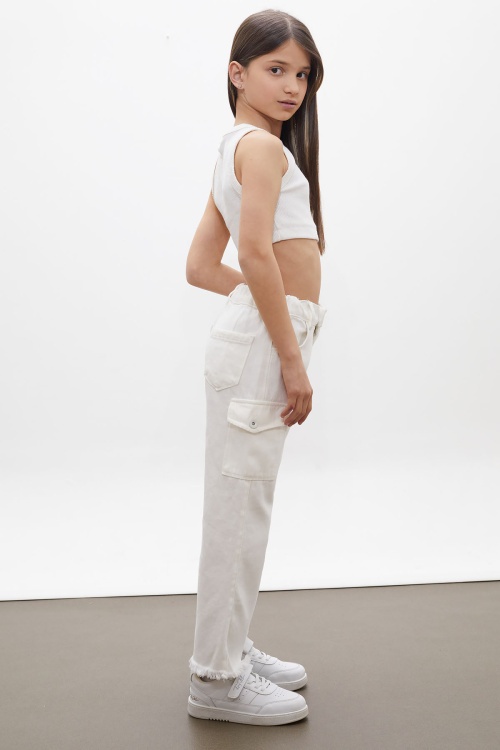 Beyaz Kargo Cepli Püsküllü Geniş Paça Kız Jean Pantolon 13-17 Yaş 18250