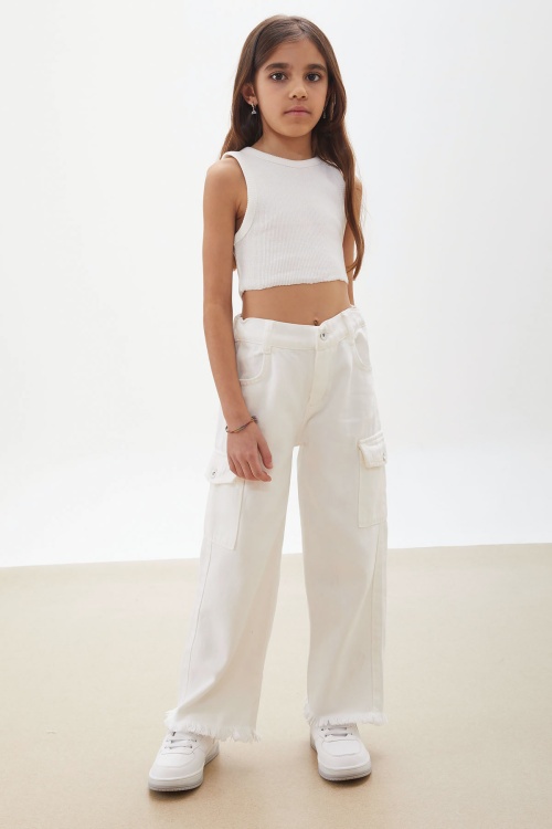 Beyaz Kargo Cepli Püsküllü Geniş Paça Kız Jean Pantolon 18231