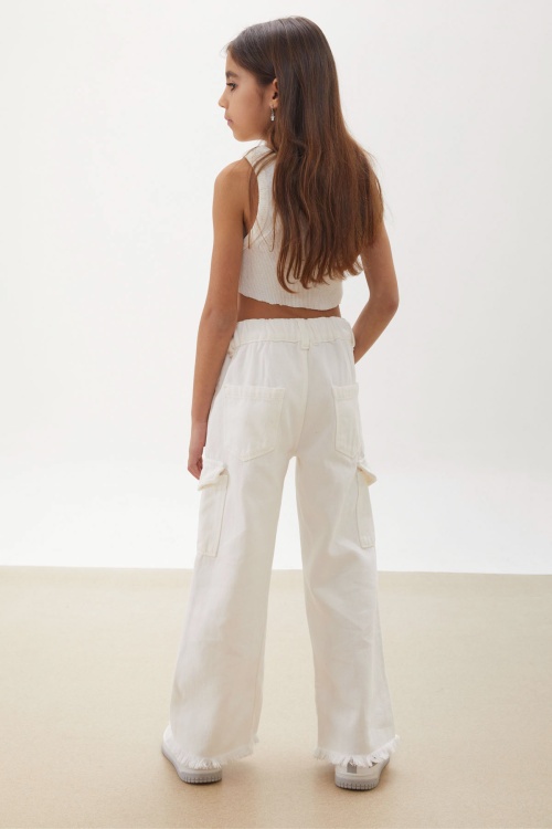 Beyaz Kargo Cepli Püsküllü Geniş Paça Kız Jean Pantolon 18231