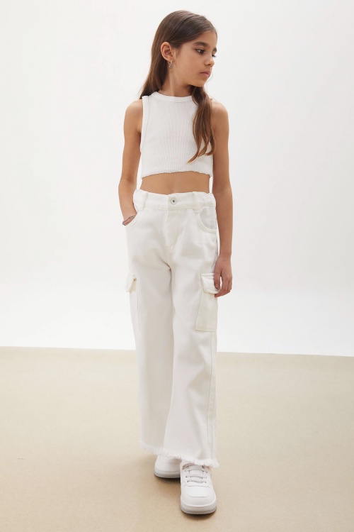 Beyaz Kargo Cepli Püsküllü Geniş Paça Kız Jean Pantolon 18231