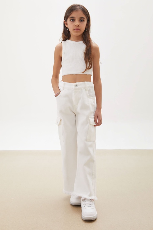 Beyaz Kargo Cepli Püsküllü Geniş Paça Kız Jean Pantolon 18231
