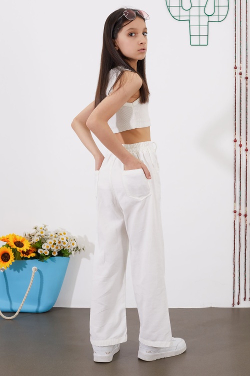 Beyaz Kuşaklı Beli Lastikli İspanyol Paça Kız Pantolon 18715