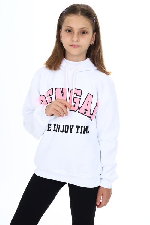 Beyaz Pengai Yazı Baskı Polarlı Kız Çocuk Sweatshirt 18330