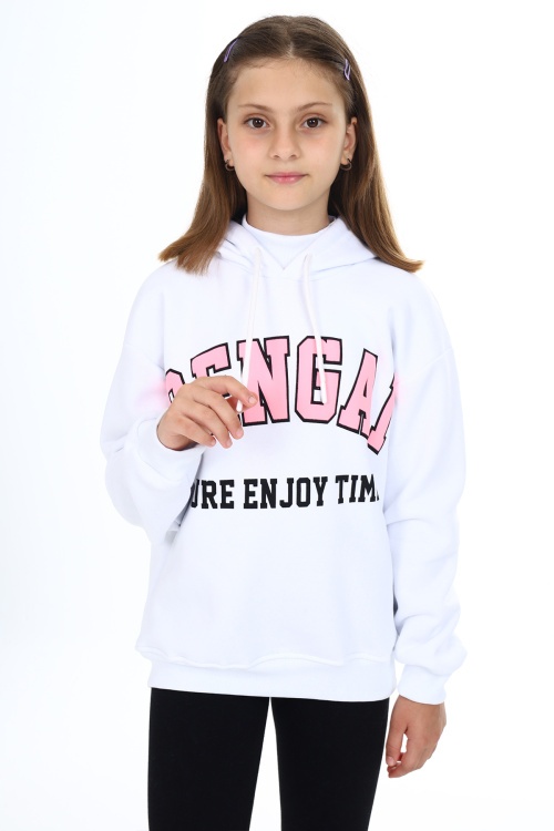 Beyaz Pengai Yazı Baskı Polarlı Kız Çocuk Sweatshirt 18330