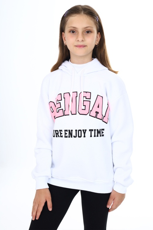 Beyaz Pengai Yazı Baskı Polarlı Kız Çocuk Sweatshirt 18330