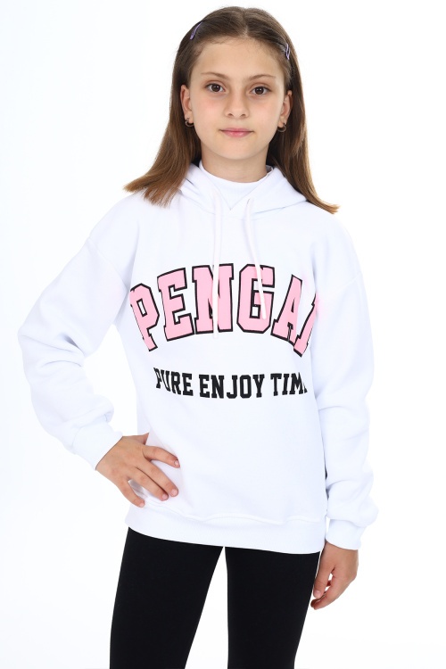 Beyaz Pengai Yazı Baskı Polarlı Kız Çocuk Sweatshirt 18330