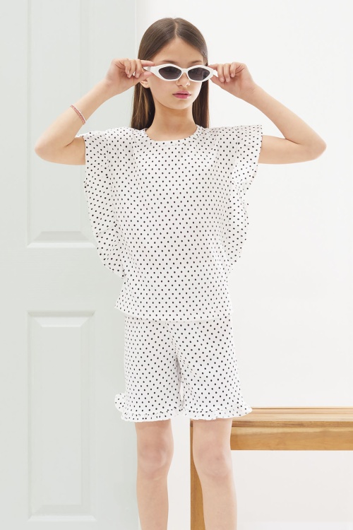 Beyaz Puantiyeli Fırfırlı Bluzlu Kız Çocuk Şortlu Takım 18555