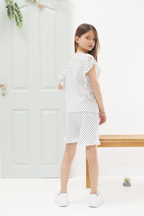 Beyaz Puantiyeli Fırfırlı Bluzlu Kız Çocuk Şortlu Takım 18555