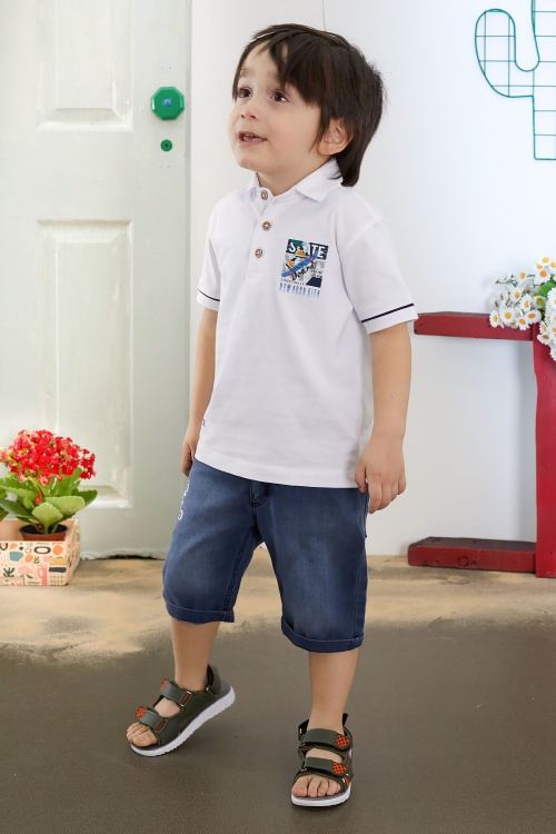 Beyaz Skate Baskılı Polo Yaka Erkek Çocuk Jean Şortlu Takım 18744