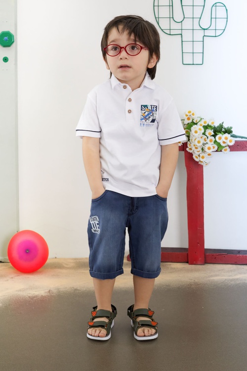 Beyaz Skate Baskılı Polo Yaka Erkek Çocuk Jean Şortlu Takım 18744